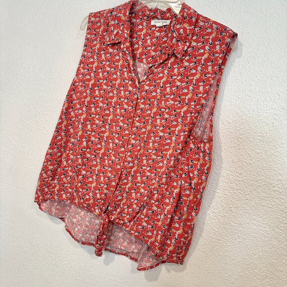 Beach Lunch Lounge Sleeveless Blouse Button Up Tied Waist Bird Pattern Womens XL - Picture 7 of 9